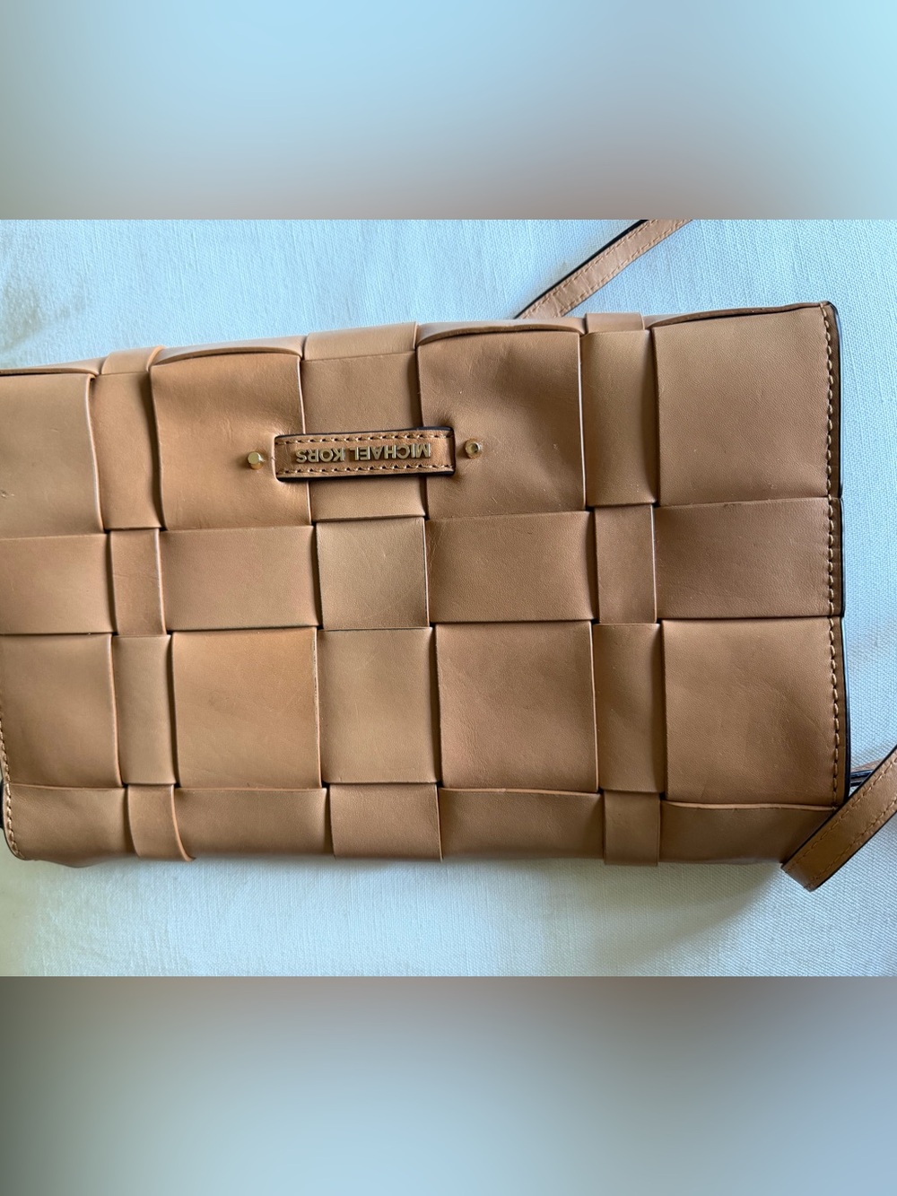 Michael Kors Woven Leather Tan Crossbody Clutch